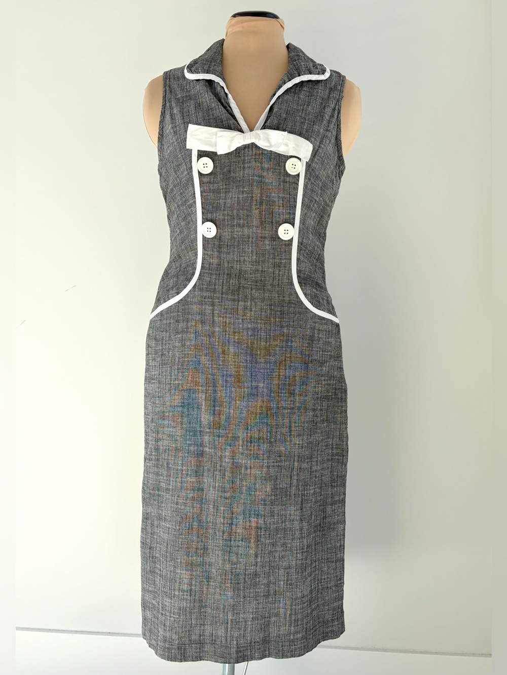 Folter Gray Sheath Dress White Trim Bow Retro Mod | Size L